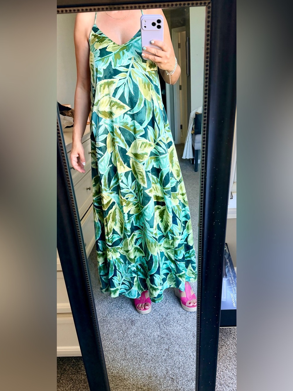 Tropical Leaf Print Green Maxi Dress with Spaghetti Straps